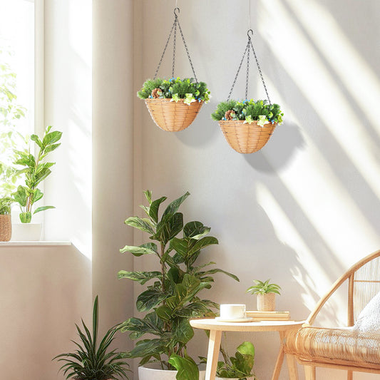 Set of 2 Artificial Mixed Greenery Hanging Basket with Ivy, Pinecones & Lisianthus.