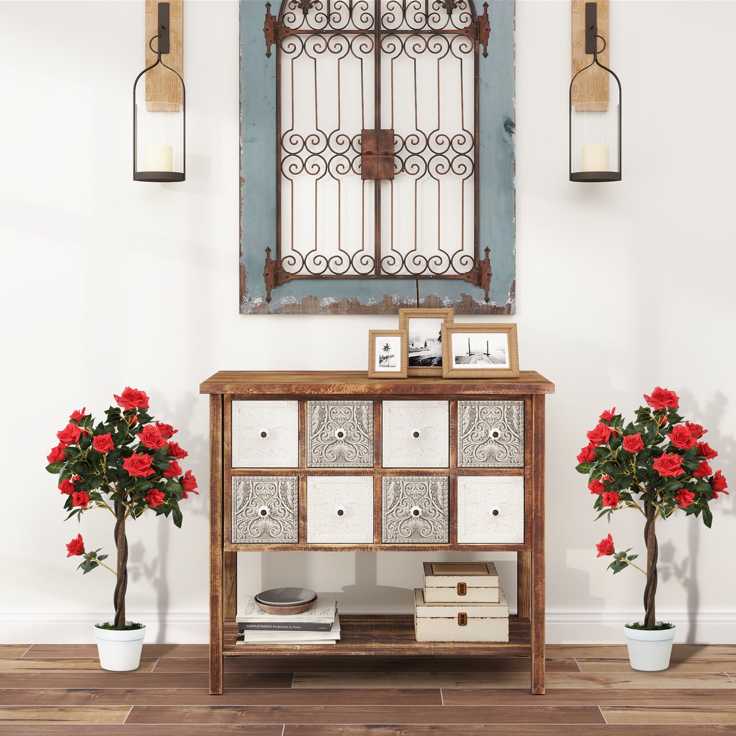 Set of 2 Artificial Rose Plants in Pots – Indoor Home Decor, Red