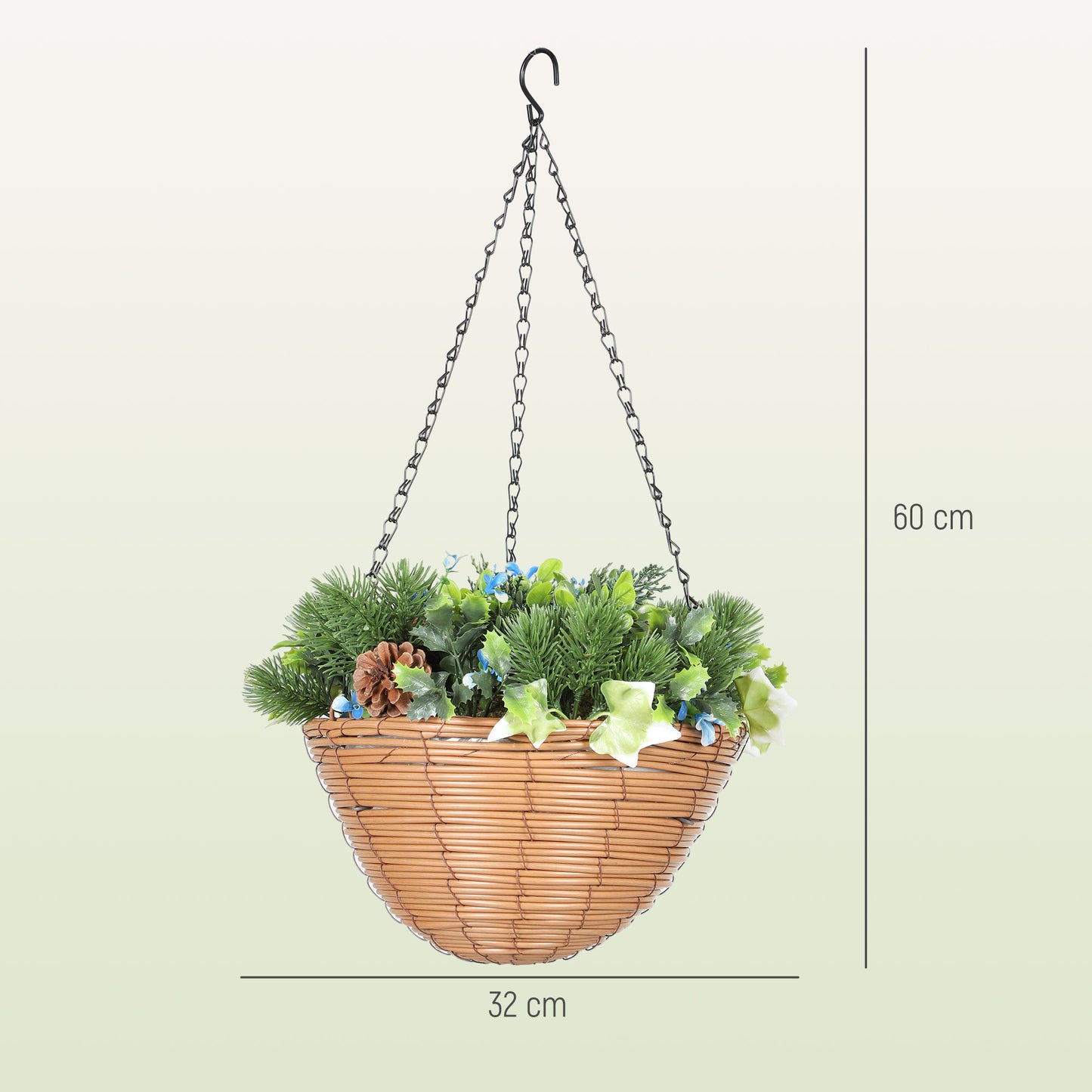 Set of 2 Artificial Mixed Greenery Hanging Basket with Ivy, Pinecones & Lisianthus.
