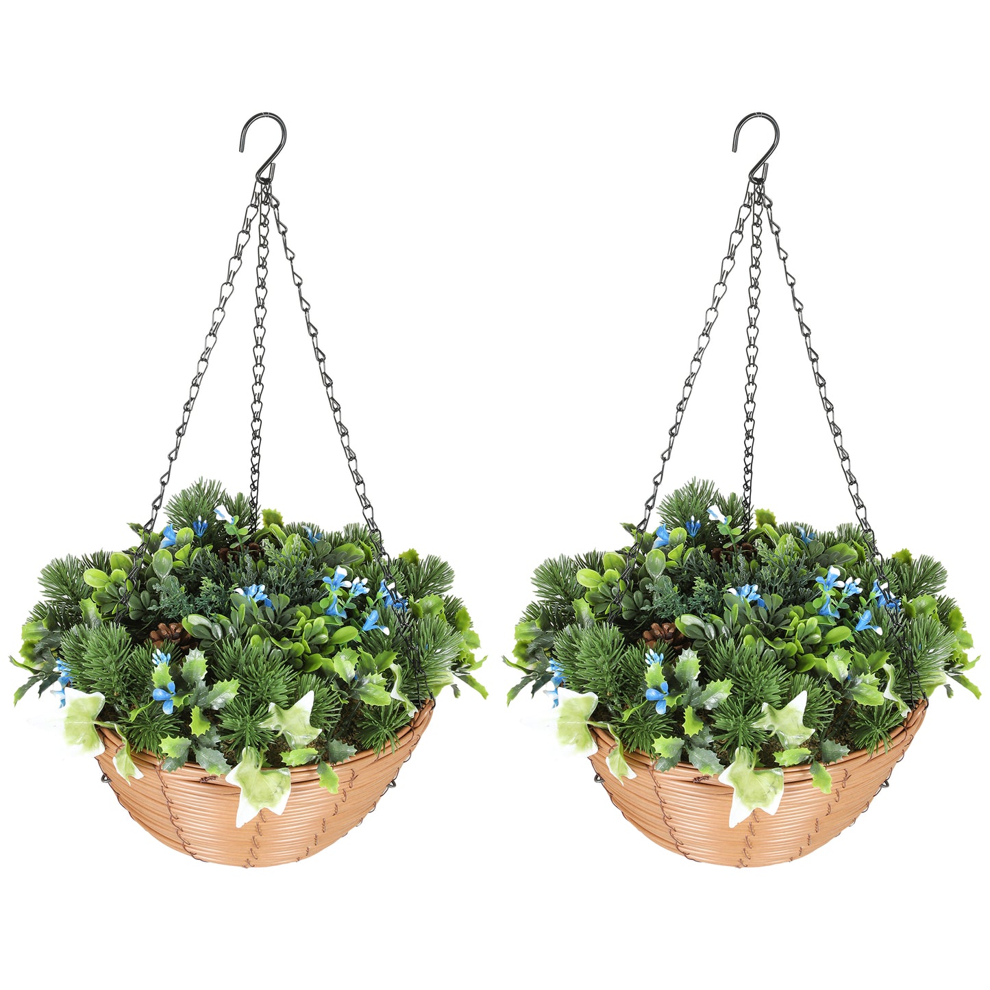 Set of 2 Artificial Mixed Greenery Hanging Basket with Ivy, Pinecones & Lisianthus.
