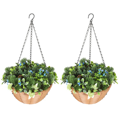 Set of 2 Artificial Mixed Greenery Hanging Basket with Ivy, Pinecones & Lisianthus.