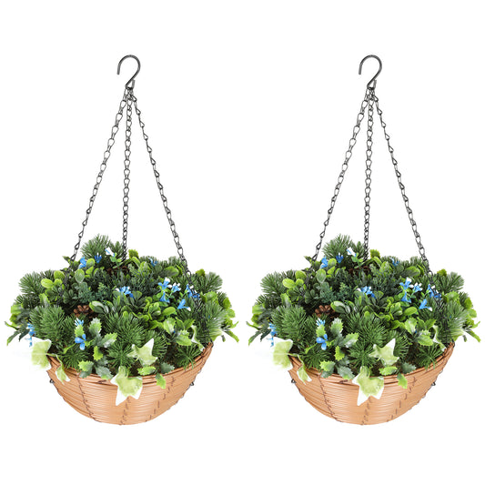 Set of 2 Artificial Mixed Greenery Hanging Basket with Ivy, Pinecones & Lisianthus.