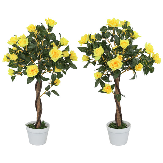 Set of 2 Artificial Yellow Rose Plants in Pots – Indoor Home Decor