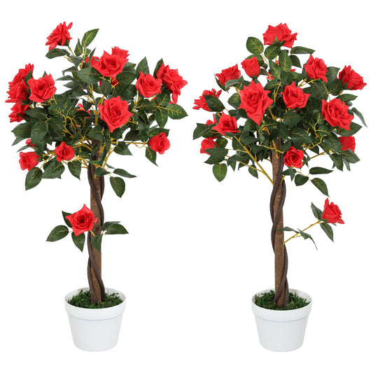 Set of 2 Artificial Rose Plants in Pots – Indoor Home Decor, Red